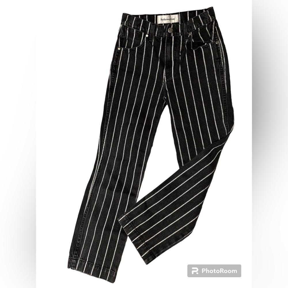 Reformation Black and White Striped Straight Leg Jeans